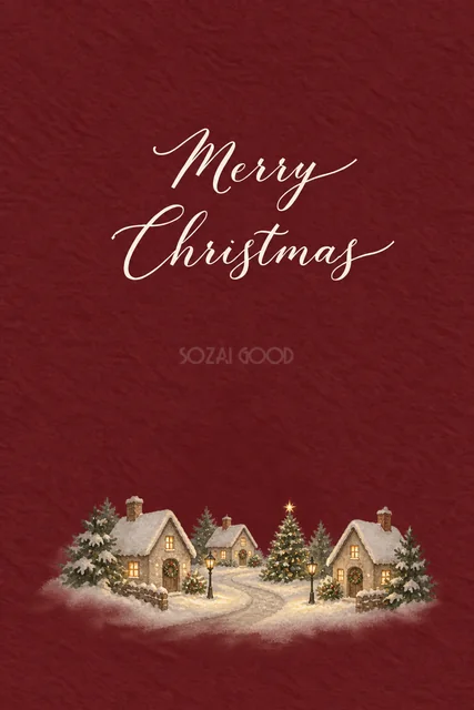 深いレッド背景にクリスマスツリーと灯りのある雪の街を描いた水彩クリスマスカード（Merry Christmas文字入り）