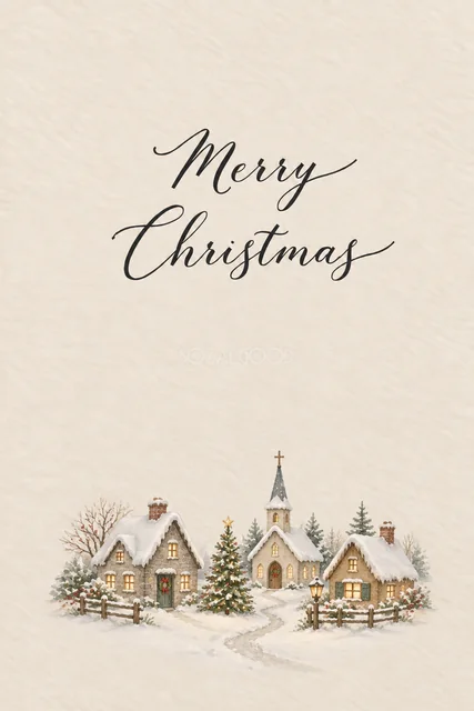 ベージュ背景に教会と木の家が並ぶ雪景色の水彩クリスマスカード（Merry Christmas文字入り）