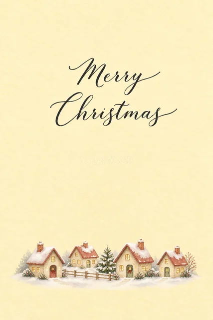 淡いイエロー背景に赤い屋根の雪の街並みを描いた水彩クリスマスカード（Merry Christmas文字入り）