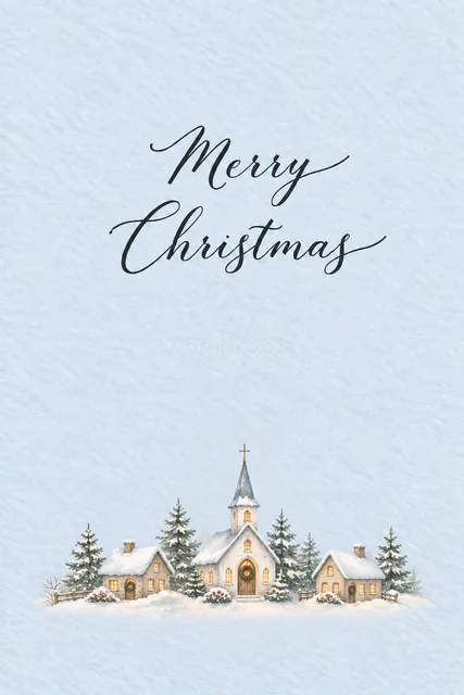 水色背景に教会ともみの木が並ぶ雪景色の水彩クリスマスカード（Merry Christmas文字入り）