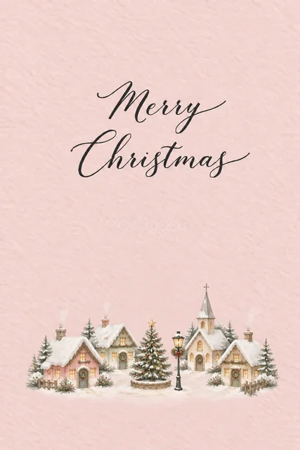 淡いピンク背景に教会と街灯のある雪の街並みを描いた水彩クリスマスカード（Merry Christmas文字入り）