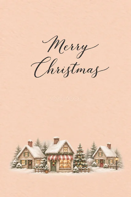 ピーチ背景に店と木の家が並ぶ雪の街並みを描いた水彩クリスマスカード（Merry Christmas文字入り）