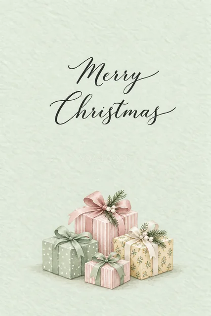 ミント背景に桜色と緑のプレゼント箱を描いた水彩クリスマスカード（Merry Christmas文字入り）