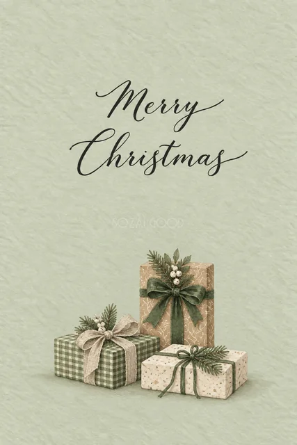 セージグリーン背景にクラフト紙と緑のプレゼント箱を描いた水彩クリスマスカード（Merry Christmas文字入り）