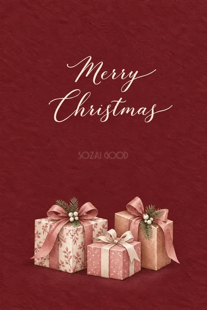 ボルドー背景にローズと白のプレゼント箱を描いた水彩クリスマスカード（Merry Christmas文字入り）