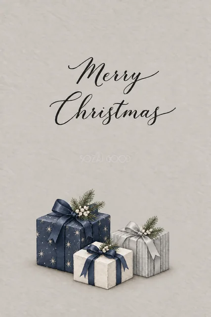 グレージュ背景に紺と銀のプレゼント箱を描いた水彩クリスマスカード（Merry Christmas文字入り）