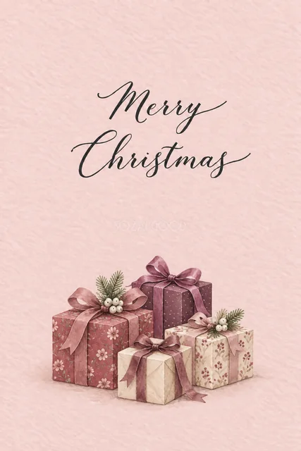 ダスティローズ背景にくすみピンクと紫のプレゼント箱を描いた水彩クリスマスカード（Merry Christmas文字入り）