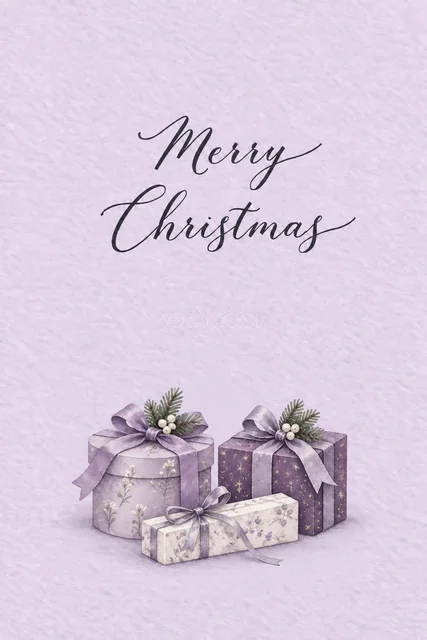 ラベンダー背景に紫と白のプレゼント箱を描いた水彩クリスマスカード（Merry Christmas文字入り）