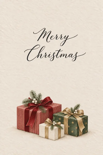 アイボリー背景に赤と深緑のプレゼント箱を描いた水彩クリスマスカード（Merry Christmas文字入り）