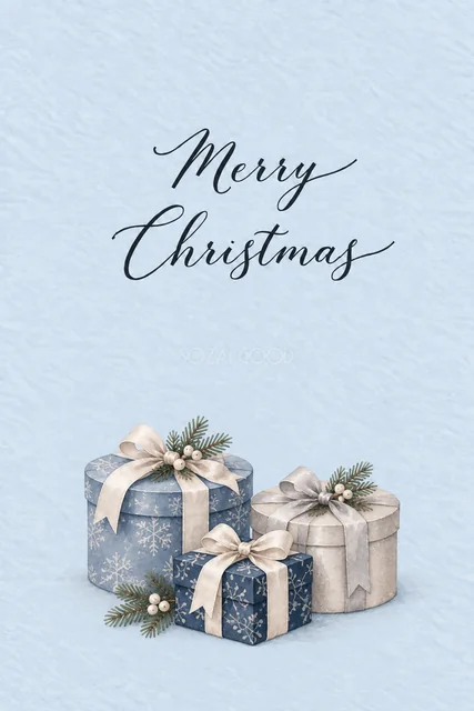パウダーブルー背景に青と銀のプレゼント箱を描いた水彩クリスマスカード（Merry Christmas文字入り）