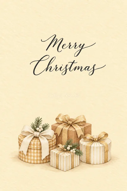バターイエロー背景に黄色と白のプレゼント箱を描いた水彩クリスマスカード（Merry Christmas文字入り）