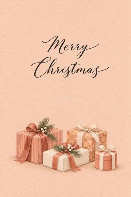 ピーチ背景にコーラルとアプリコットのプレゼント箱を描いた水彩クリスマスカード（Merry Christmas文字入り）
