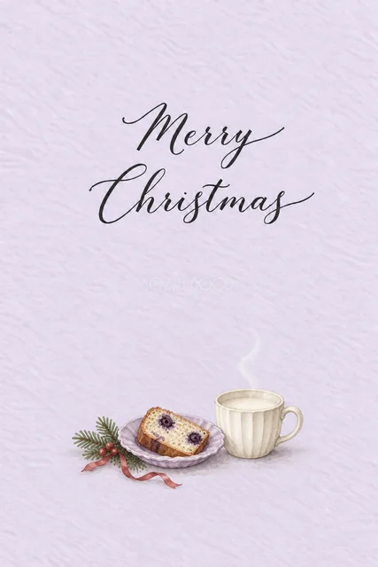 ラベンダー背景にブルーベリーケーキとホットミルクを描いた水彩クリスマスカード（Merry Christmas文字入り）