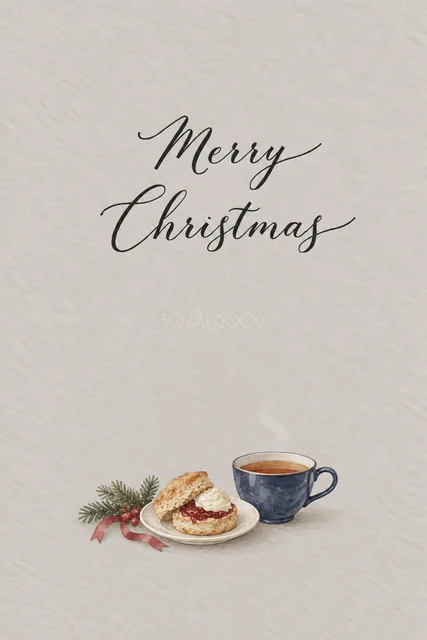 グレージュ背景にスコーンと紅茶を描いた水彩クリスマスカード（Merry Christmas文字入り）