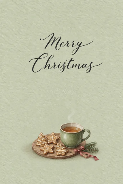 セージグリーン背景にジンジャークッキーと紅茶を描いた水彩クリスマスカード（Merry Christmas文字入り）