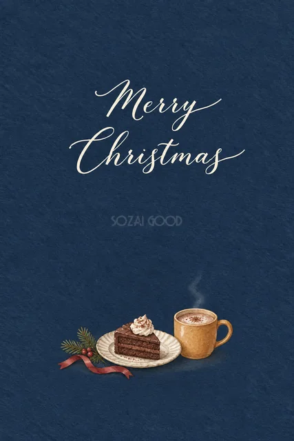 ミッドナイトブルー背景にチョコレートケーキとココアを描いた水彩クリスマスカード（Merry Christmas文字入り）