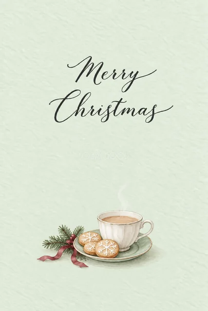 ミント背景に雪の結晶クッキーとミルクティーを描いた水彩クリスマスカード（Merry Christmas文字入り）