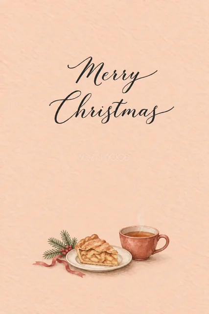 ピーチ背景にアップルパイと紅茶を描いた水彩クリスマスカード（Merry Christmas文字入り）