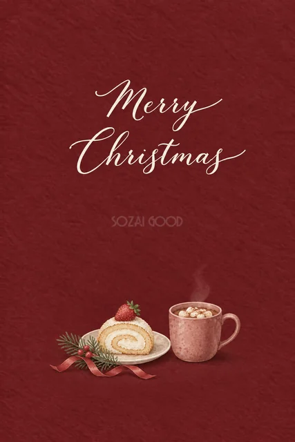 ボルドー背景にいちごのロールケーキとココアを描いた水彩クリスマスカード（Merry Christmas文字入り）