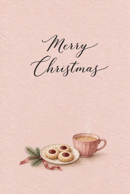 ダスティローズ背景にジャムクッキーとミルクティーを描いた水彩クリスマスカード（Merry Christmas文字入り）