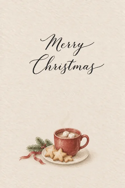 アイボリー背景に星のクッキーとココアを描いた水彩クリスマスカード（Merry Christmas文字入り）