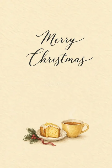 バターイエロー背景にレモンケーキと紅茶を描いた水彩クリスマスカード（Merry Christmas文字入り）
