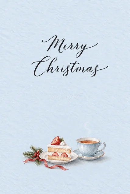 パウダーブルー背景にいちごのショートケーキと紅茶を描いた水彩クリスマスカード（Merry Christmas文字入り）