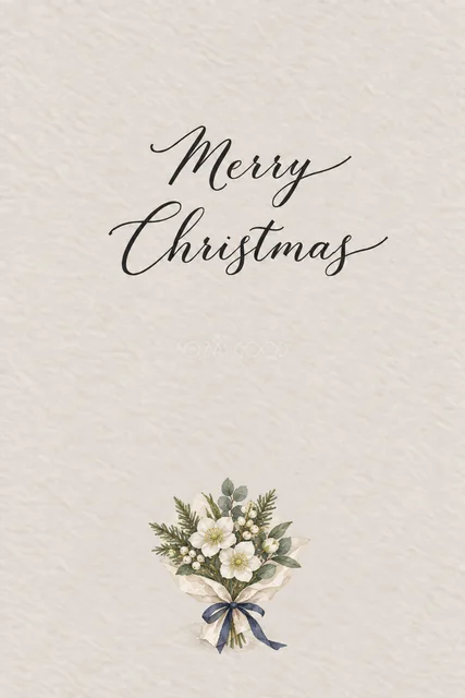 紺のリボンと白い花束のクリスマスメッセージカード｜感謝を伝える無料イラスト