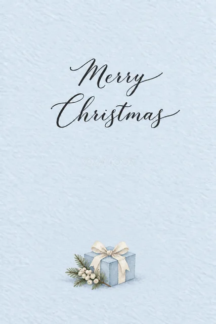 青いプレゼント箱のクリスマスメッセージカード｜感謝を伝える無料イラスト