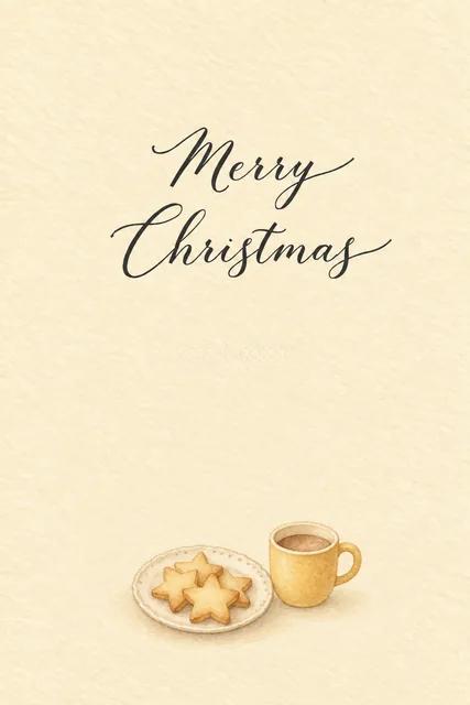 星のクッキーとマグカップのクリスマスメッセージカード｜感謝を伝える無料イラスト
