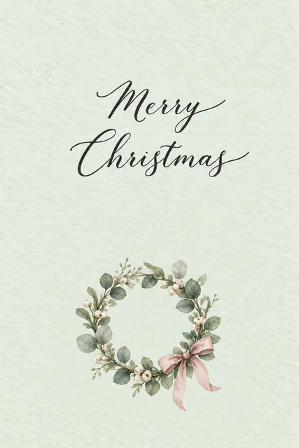 ユーカリとピンクのリボンのクリスマスリース｜メッセージカードの無料イラスト