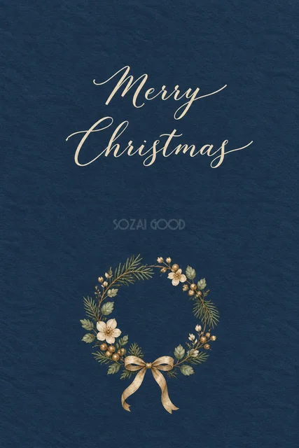 白い花と金色のリボンのクリスマスリース｜メッセージカードの無料イラスト