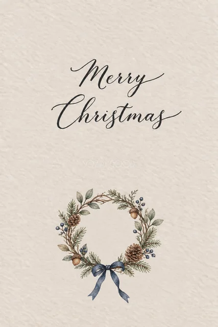 木の実と紺のリボンのクリスマスリース｜メッセージカードの無料イラスト
