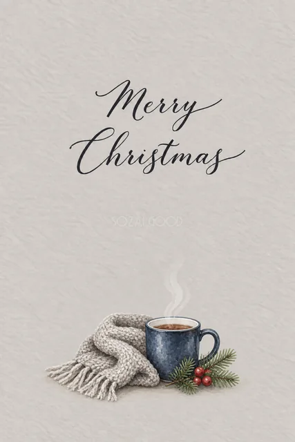 グレージュ背景にグレーのマフラーと紺のカップを描いた水彩クリスマスカード