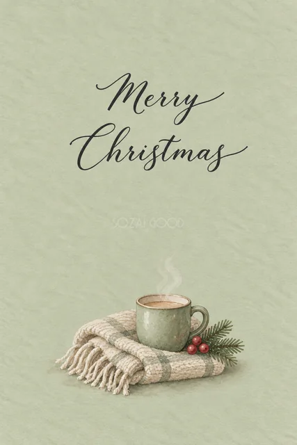 セージグリーン背景にブランケットとミルクティーを描いた水彩クリスマスカード