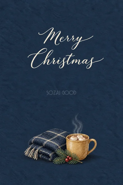 ミッドナイトブルー背景に紺のブランケットとココアを描いた水彩クリスマスカード