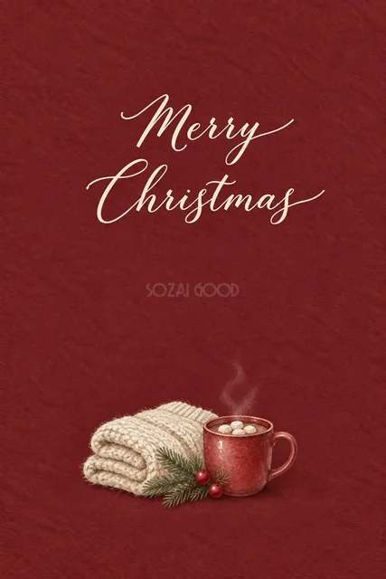 ボルドー背景に白いブランケットと赤いマグを描いた水彩クリスマスカード