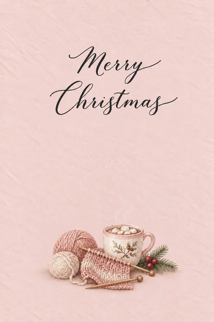 ダスティローズ背景にピンクの毛糸と編みかけのマフラーを描いた水彩クリスマスカード