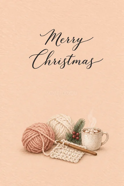 ピーチ背景に毛糸とかぎ針の編み物を描いた水彩クリスマスカード