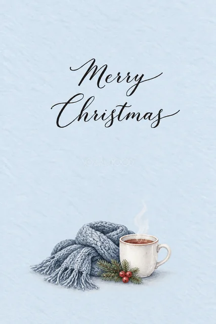 パウダーブルー背景に青いマフラーと白いカップを描いた水彩クリスマスカード
