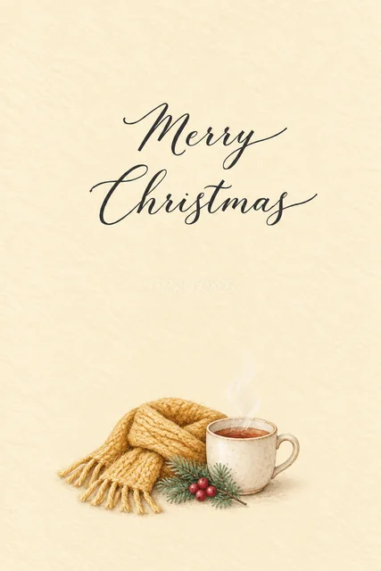 バターイエロー背景に黄色いマフラーと紅茶を描いた水彩クリスマスカード
