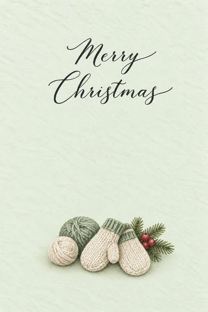 ミント背景にミントの毛糸と白い手袋を描いた水彩クリスマスカード
