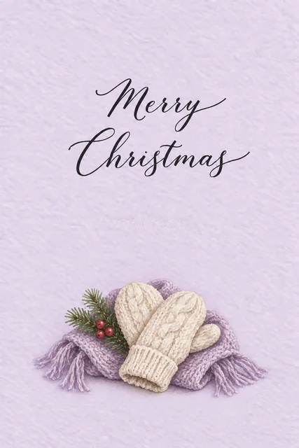 ラベンダー背景に白い手袋と紫のマフラーを描いた水彩クリスマスカード