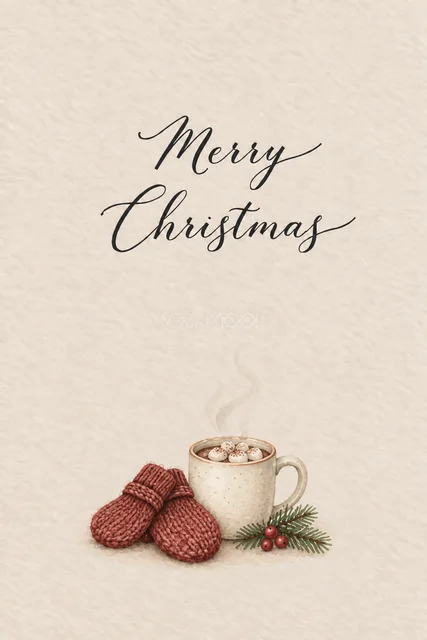 アイボリー背景に赤い手袋とココアを描いた水彩クリスマスカード