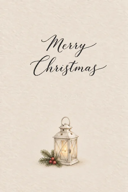 アイボリー背景に白いランタンと赤い実を描いた水彩クリスマスカード