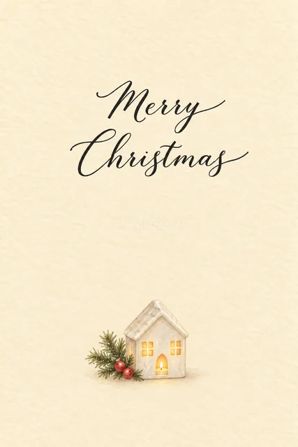 バターイエロー背景に白い家形の灯りを描いた水彩クリスマスカード