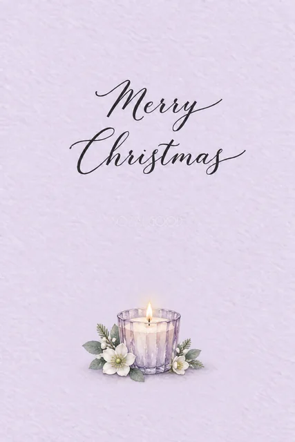 ラベンダー背景に紫のガラスのキャンドルを描いた水彩クリスマスカード
