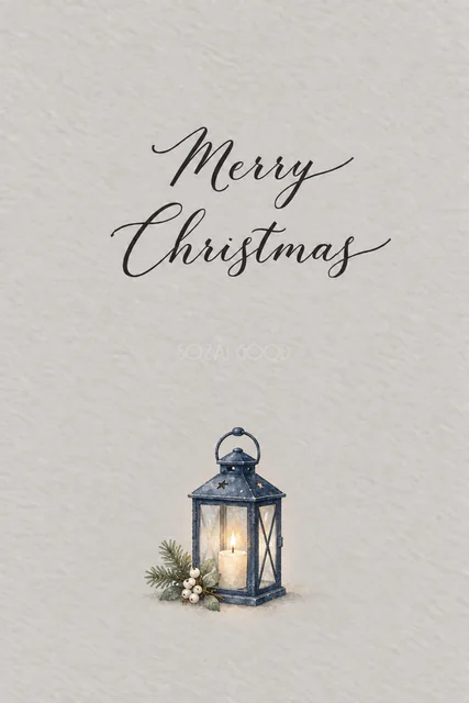 グレージュ背景に紺のランタンと白い実を描いた水彩クリスマスカード