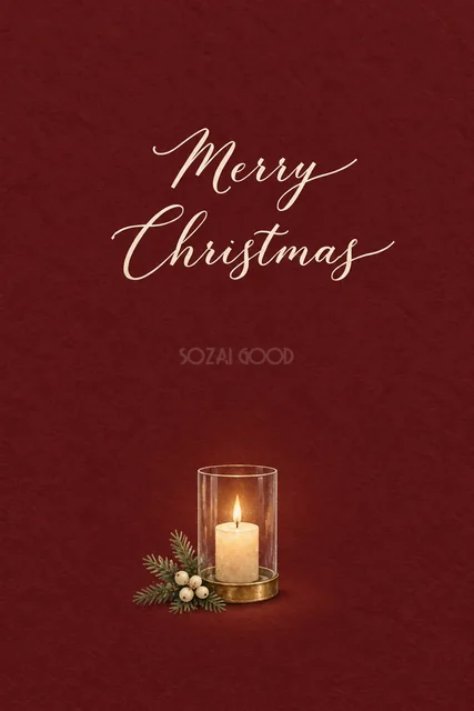 ボルドー背景に筒形ガラスのキャンドルを描いた水彩クリスマスカード
