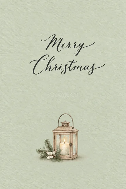 セージグリーン背景に木のランタンと白い実を描いた水彩クリスマスカード